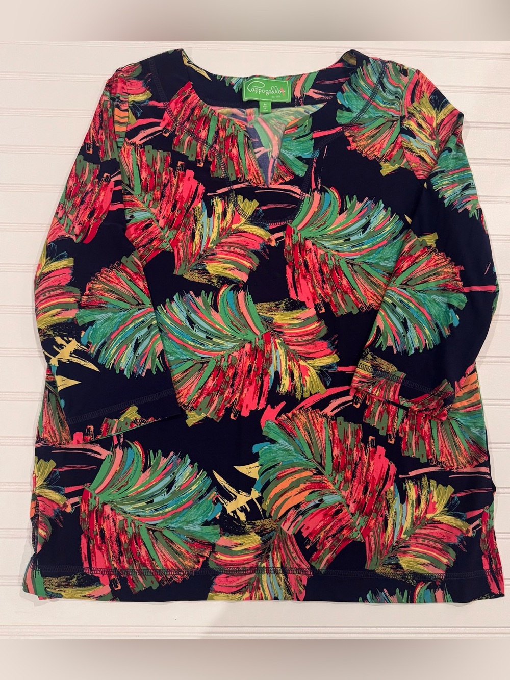 Pappagallo Women’s M Tropical Palm Leaf Tunic Dress Navy Multicolor Resort